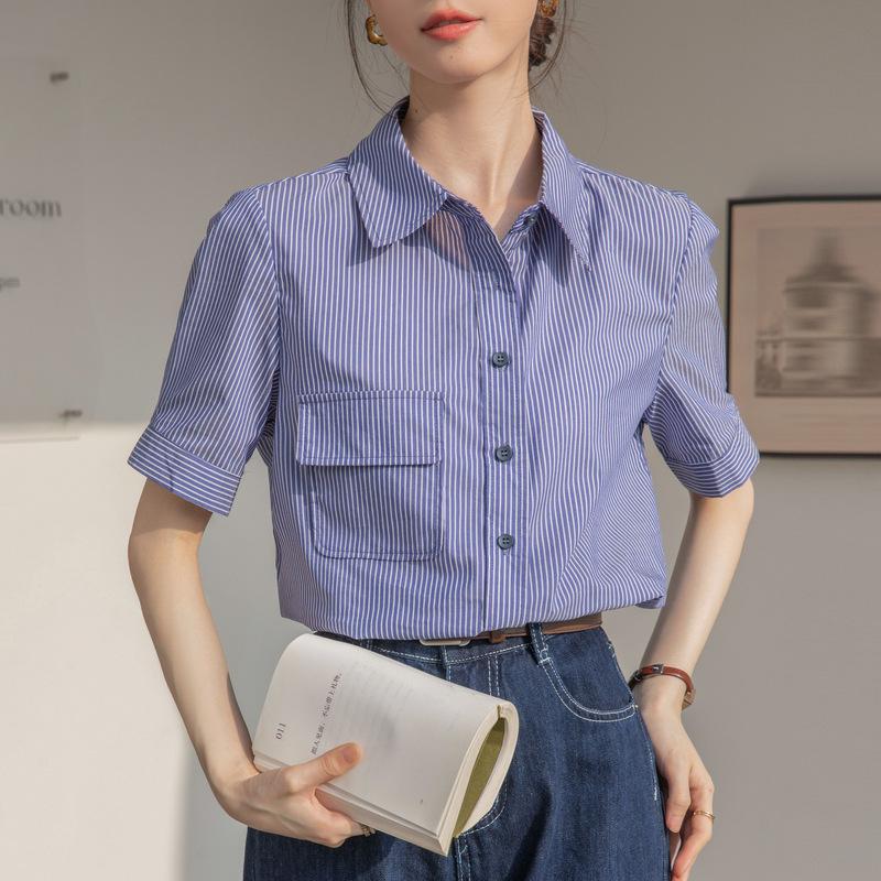 GMXIA Koszula damska w niebieskie paski z krótkim rękawem, letnia, damska, seniorska, z poczuciem mody, uniwersalna, dojeżdżająca do pracy, profesjonalna koszula