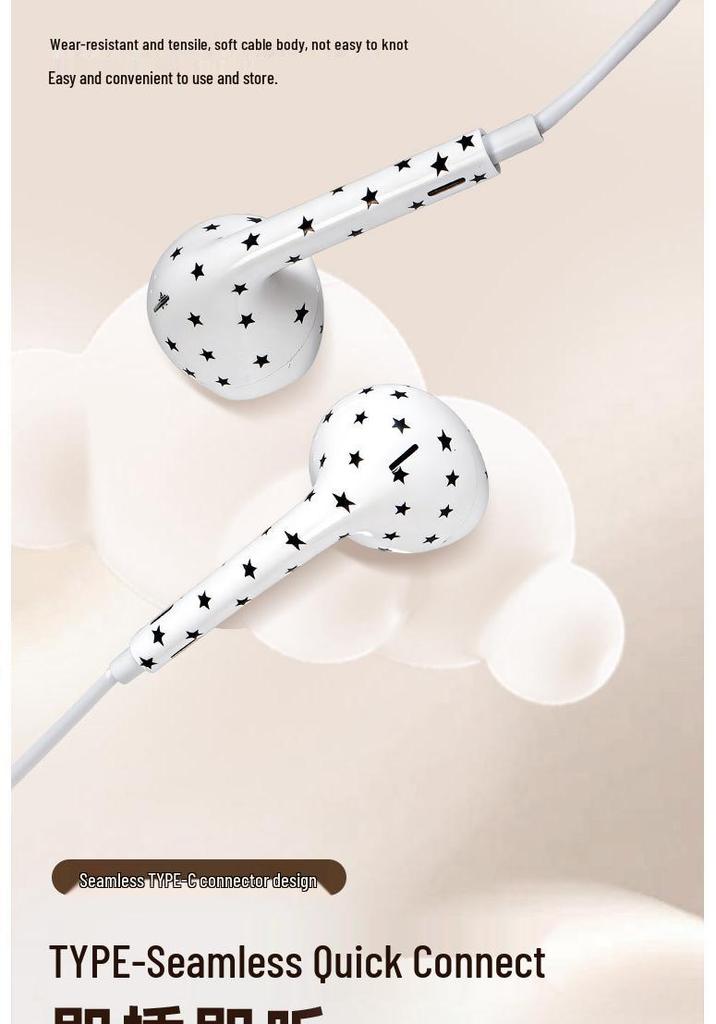 Fones de Ouvido com Fio Tipo-C Cartoon Floral Estrela com Microfone