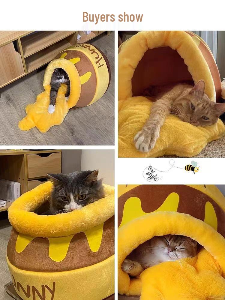 Cozy Semi-Enclosed Winter Nest for Cats & Dogs with Washable Mattress & Free Sleeping Pad