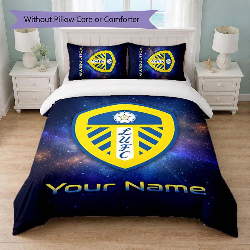 Conjunto de Roupa de Cama Leeds United com Nome Personalizado 1 Capa de Edredom + 2 Fronhas Logo de Futebol Presente Personalizado para Ocasião Especial Decoração de Quarto