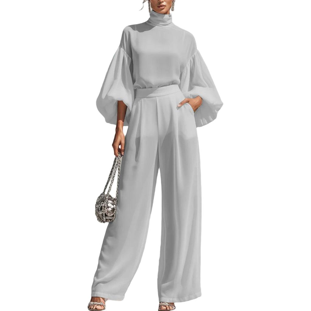 Women's Two Piece Outfit Color Stand Collar Puff 3/4 Sleeve Top and High Waist Wide Leg Pants Casual Set