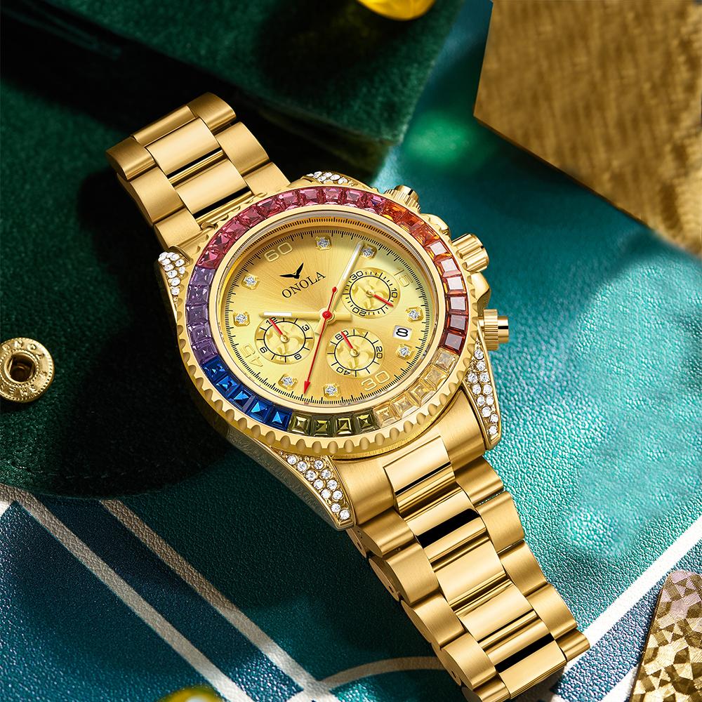 ONOLA Luxus Gold Uhr Herren Automatik Datum Edelstahl Wasserdicht Uhr Mode Regenbogen Iced Diamant Quarz Armbanduhr