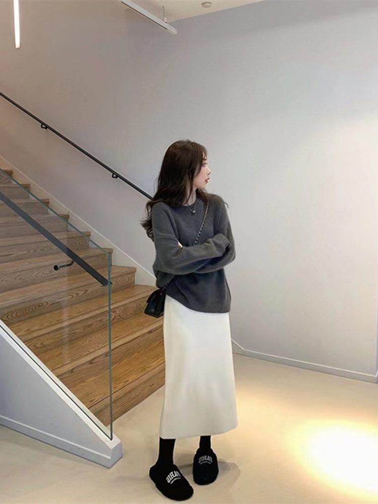 Women's Spring Soft Drape Knit Midi Skirt: High-Waist, Hip-Hugging, A-Line