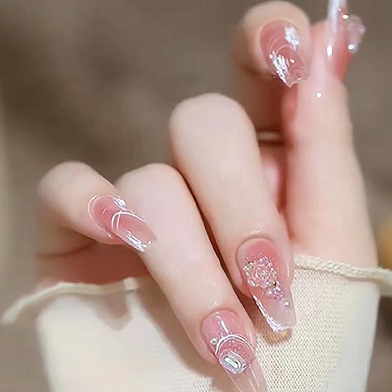 Blush Gradient Camellia Pearl False Nail Tips – Gentle Fresh INS Style