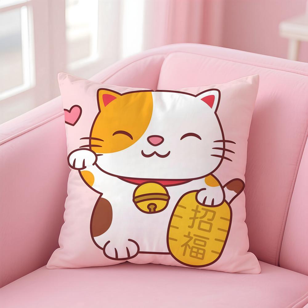 Rich Luck Maneki  neko Cushion Cover Linen Pillowcase Cover Soft Decor for Sofa Home Room