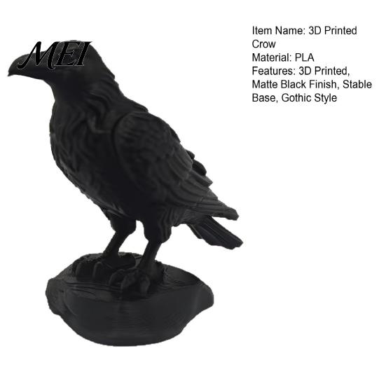 Dark Aesthetic Desk Decor 3D Printed Crow Statue, Gothic Academia Bird Sculpture, Matte Black Raven Sculpture Figurine, Stable Rock Base for