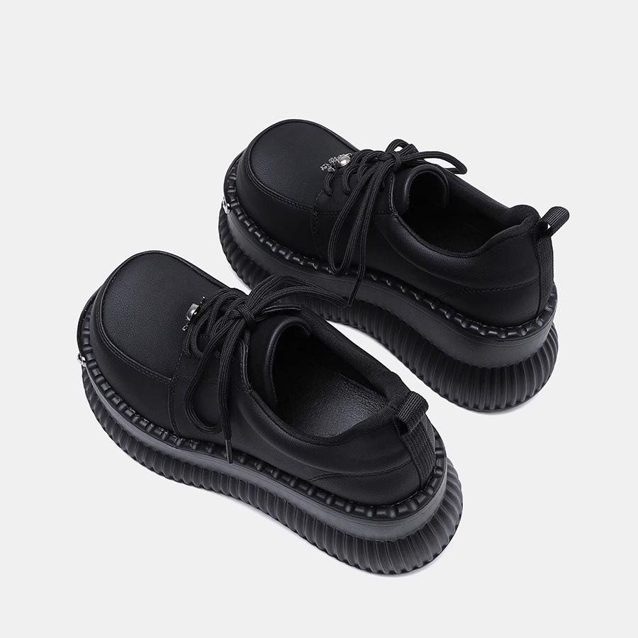 British Style Muffin Thick-soled Big Head Small Leather Shoes Women's 2025 New Autumn Versatile Black Jk Heightening Single Shoes Round Head