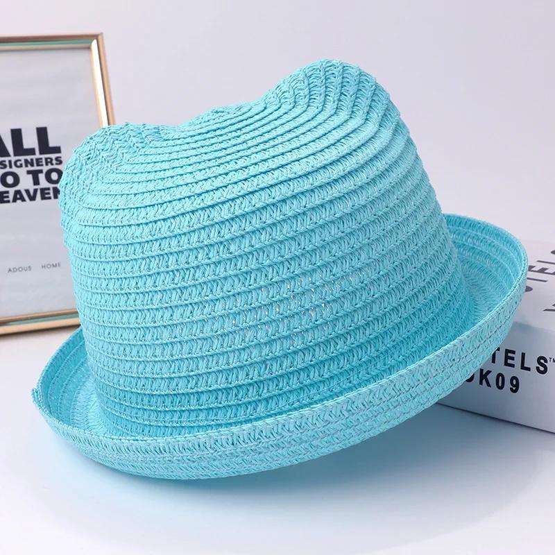 

Summer Children Straw Hats For Boy Girl Cute Ears Kids Baby Panama Shades Beach Hat Unisex Breathable Dome Brim Rolled Sun Caps небо синє кольору