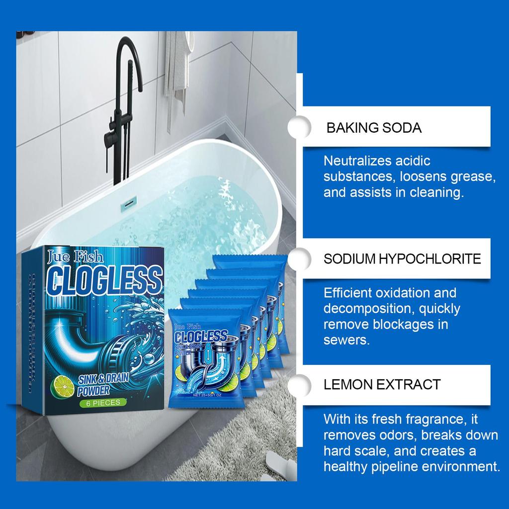 Jue Fish Drain Cleaning Powder (6pcs) for Kitchen and Bathroom Drains - Cleans and Unblocks Drains, Removes Blockages