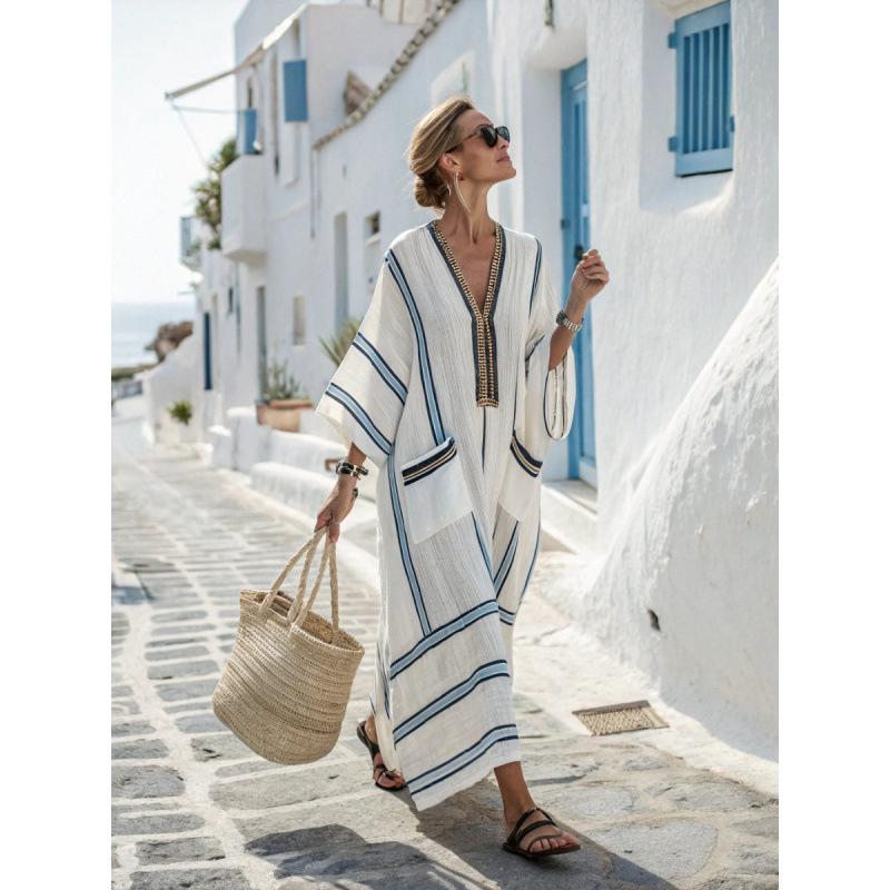 3D digital printing V-neck five-quarter sleeve long pocket Kaftan dress