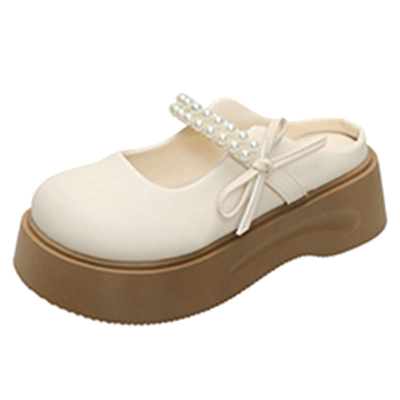 Pearl fairy wind thick bottom heightening Mary Jane cool slippers women wear 2025 summer new bag head half slippers