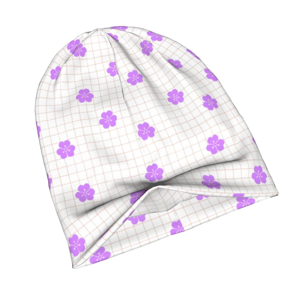 2D Flat Printing A Pattern of Purple Flowers Is Spread Across a White Background Knit Hat with Subtle Fashion Details Ideal for Adults Looking To Add