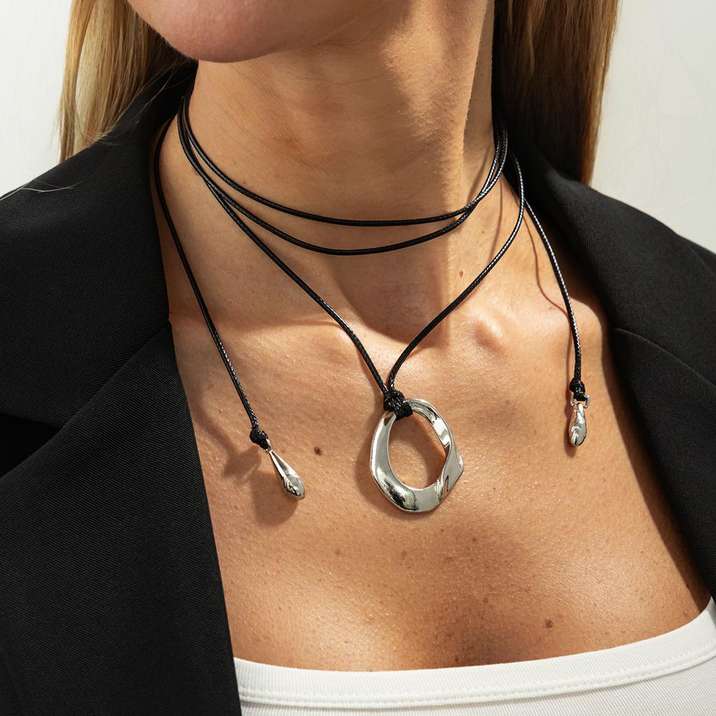 Salircon Korean Fashion Geometric Hollow Round Pendant Necklace Women Adjustable Long Black Leather Rope Choker Charm Jewelry
