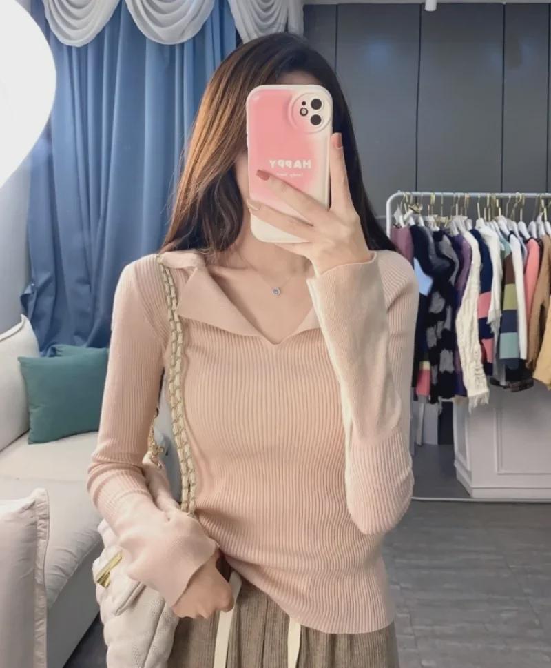 Milk Apricot V-Neck Knitted Sweater for Women - Spring Slim Fit 2025, Sweet & Spicy Polo Neck, Long-Sleeved Top, Bottoming Shirt