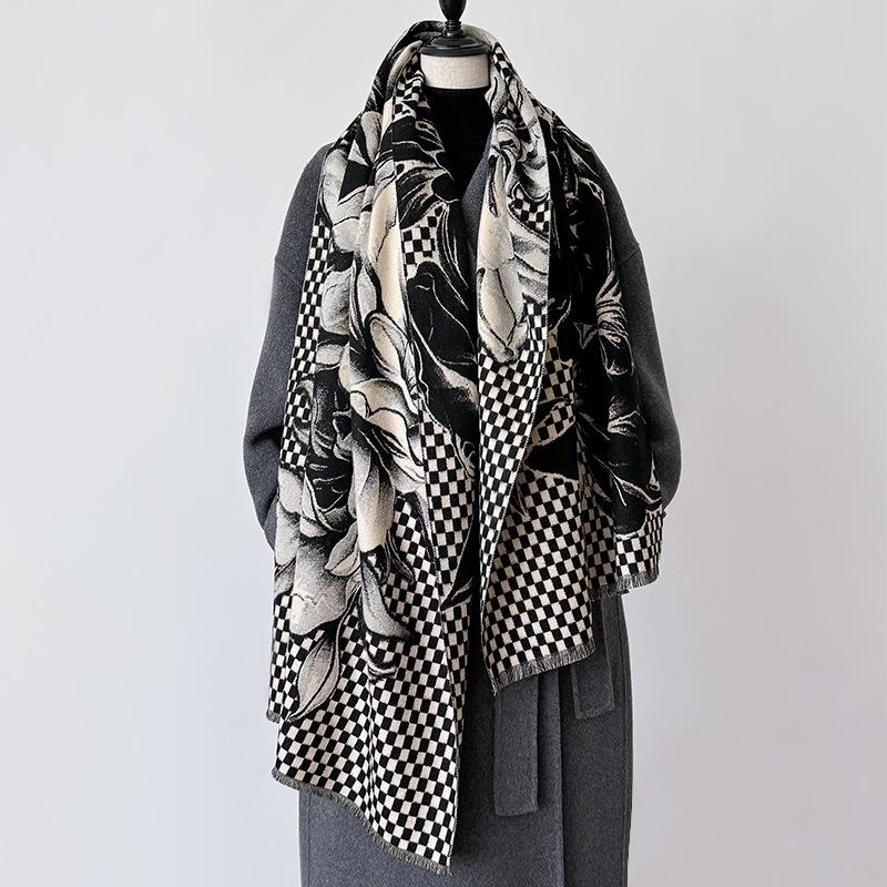 Imitation Cashmere Peony Artistic Sense Retro Style Texture Printing Double-sided Warm Scarf Shawl Woman