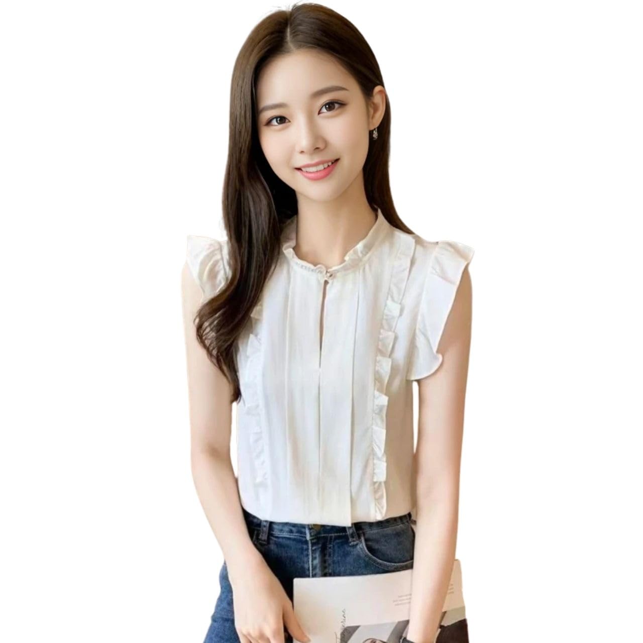 

J-Scott JS72-WH-M Chiffon Frill Blouse with Button Front, Slit Neck, Frill Sleeves, and Sleeveless Design, Cool White