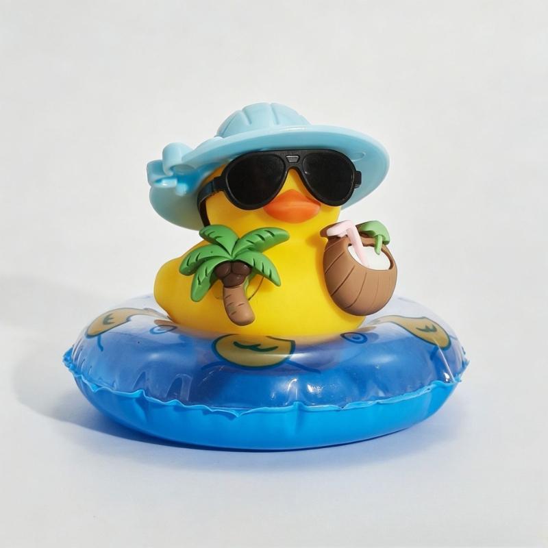 1 Stück Gelbe Gummi-Ente Auto Armaturenbrett Dekoration Sommer Strand Stil mit Kokosnuss Schwimmring Hut Lustiges Innenraum Ornament