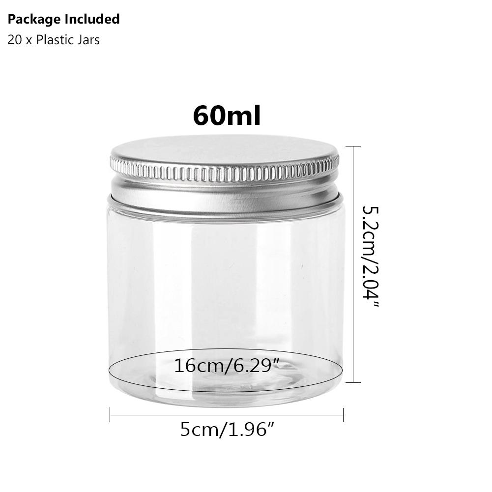 20x Butelka na kosmetyki do makijażu Małe pojemniki na żywność Aluminiowe słoiki Plastikowe pojemniki na garnki Przyprawy Domowe przezroczyste zioła Słodycze 30 ml-150 ml Przechowywanie kawy z pokrywkami
