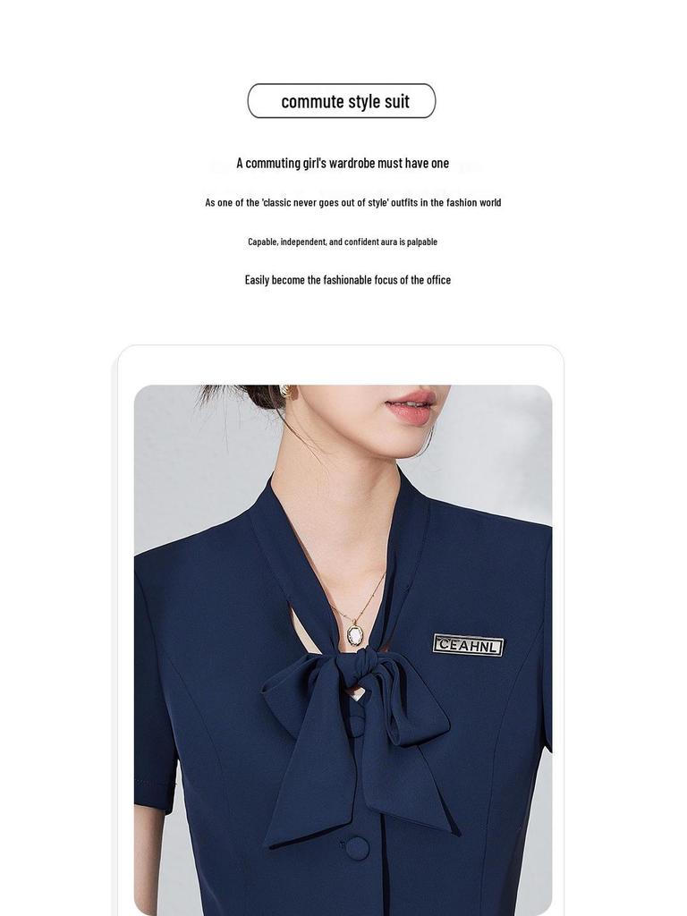 Women's Thin Dark Blue Short-Sleeve Suit Set - Summer Hotel Front Desk, Lobby Manager, Jewelry Store Uniform