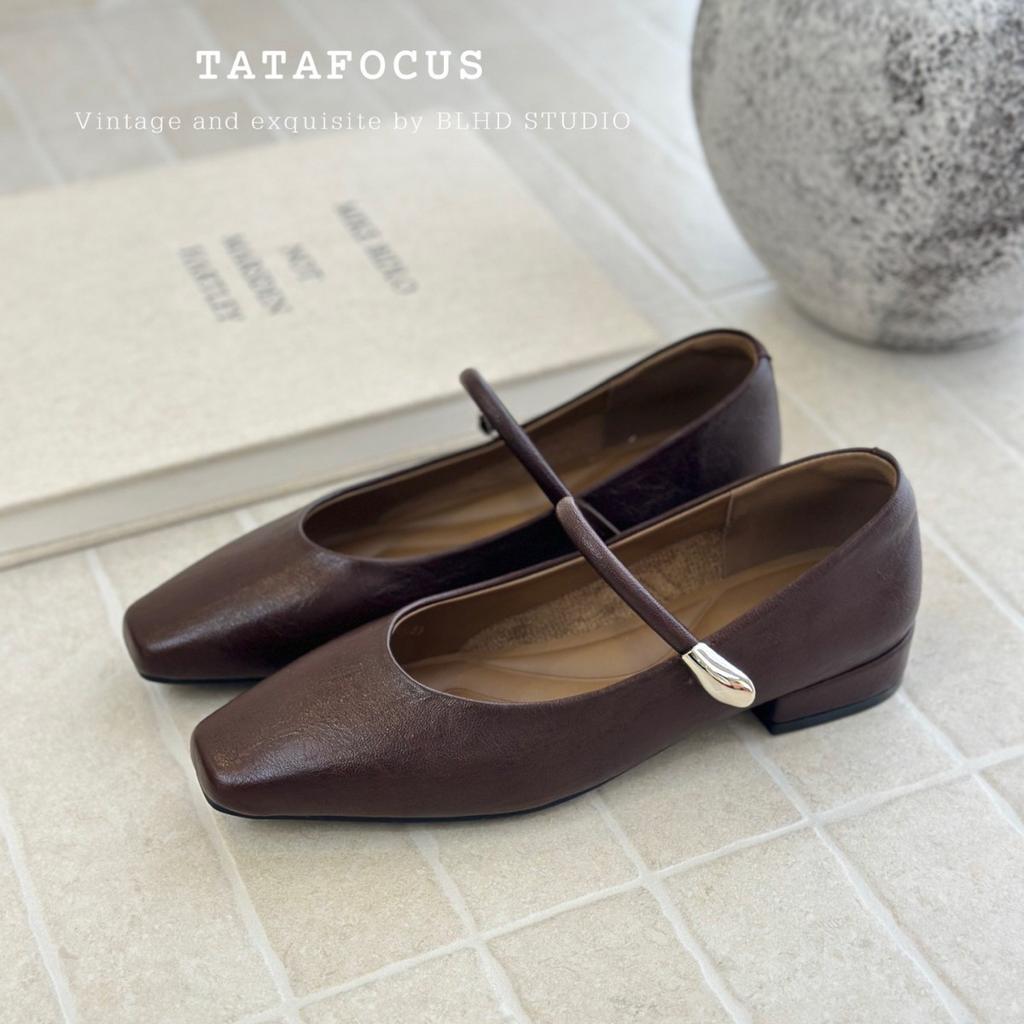 French retro simple Mary Jane shoes women's 2025 autumn new shallow mouth one pedal small square head showing feet small single shoes