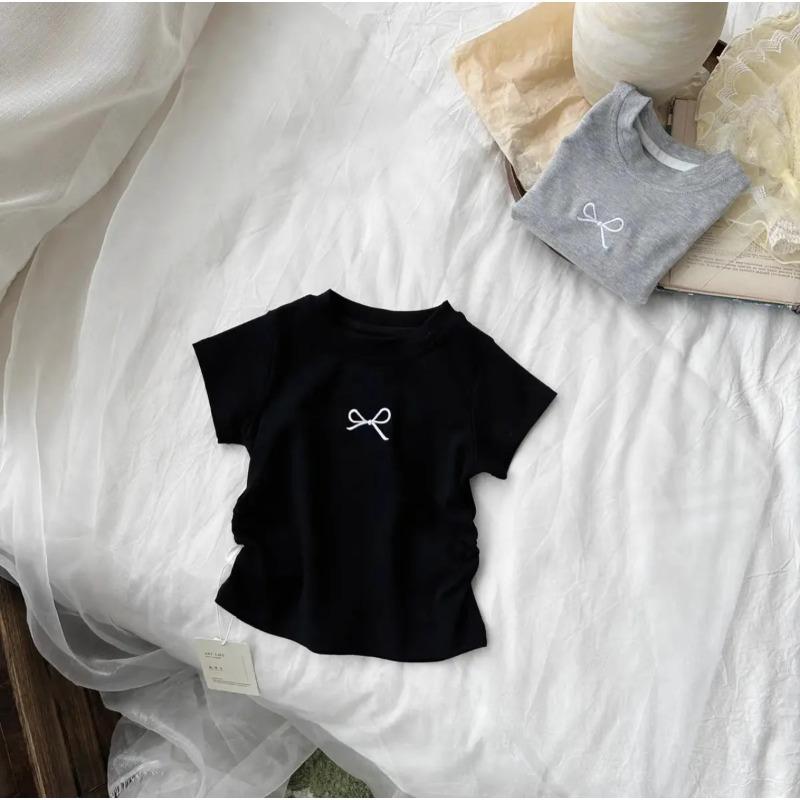 

Girls Short Sleeved T Shirt Summer Kids Shirts Korean Children s Baby Embroidery Bow Slim Fit 150cm чорний