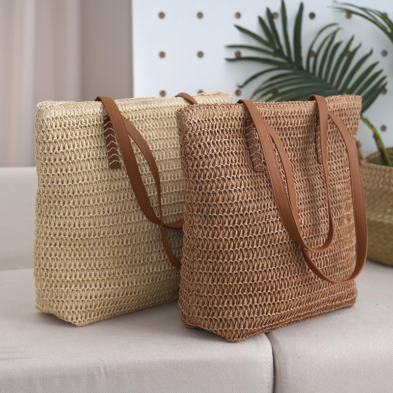 Straw bag vacation style summer woven bag women's large capacity work school commute tote bag