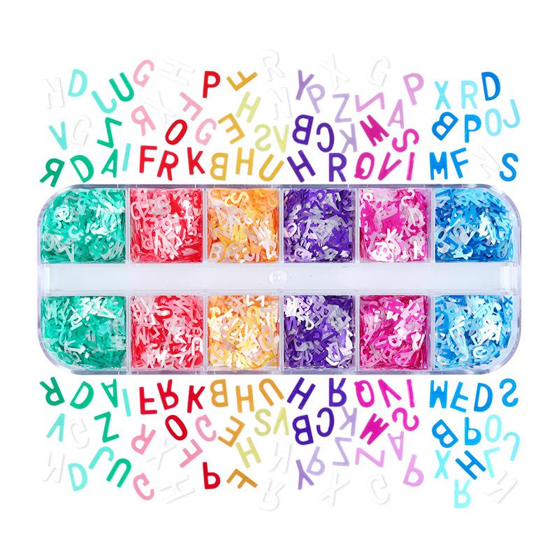 

12 сеток в коробке, красочные хлопья для ногтей с алфавитом, ультратонкие блестки, украшение для дизайна ногтей