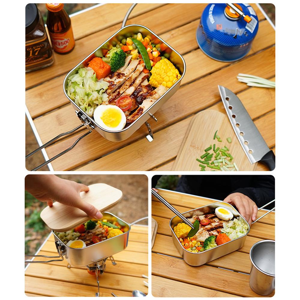 304 Stainless Steel with Bamboo Cutting‑Board Lid Portable Meal Container for Camping, BBQ & Picnics