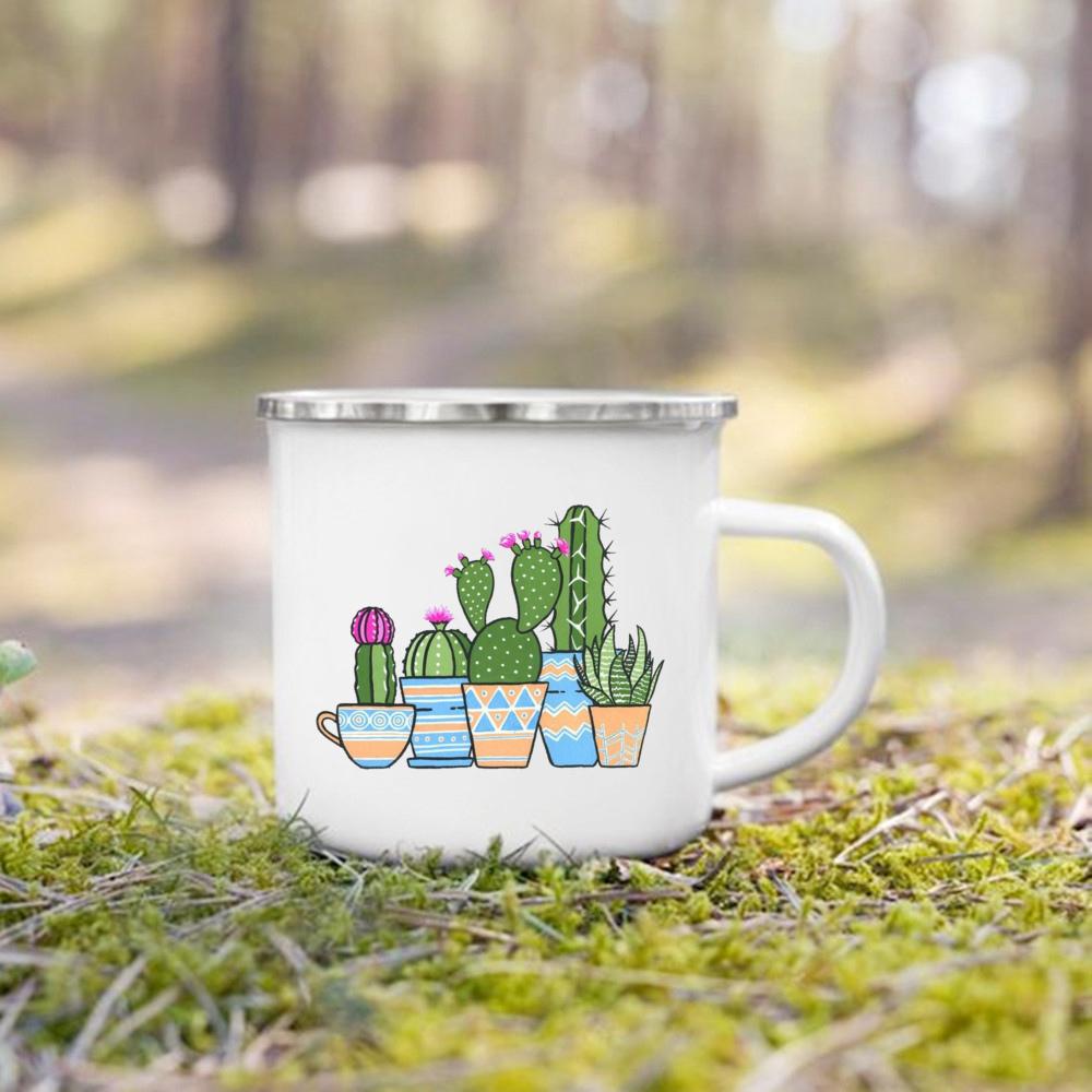 Cană Emailată cu Imprimeu Plantă Cactus Vară Camping Căni Foc de Tabără Căni Creative pentru Cafea Apă Lapte Mâner Veselă pentru Băut Cadouri pentru Camper