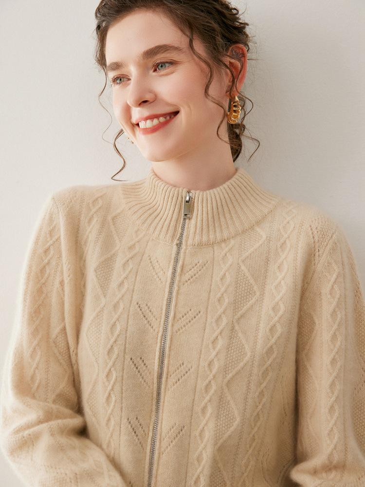 Women's Cashmere Zipper Stand Collar Cardigan - Thick, Loose, Slimming Knit Sweater Coat for Autumn & Winter