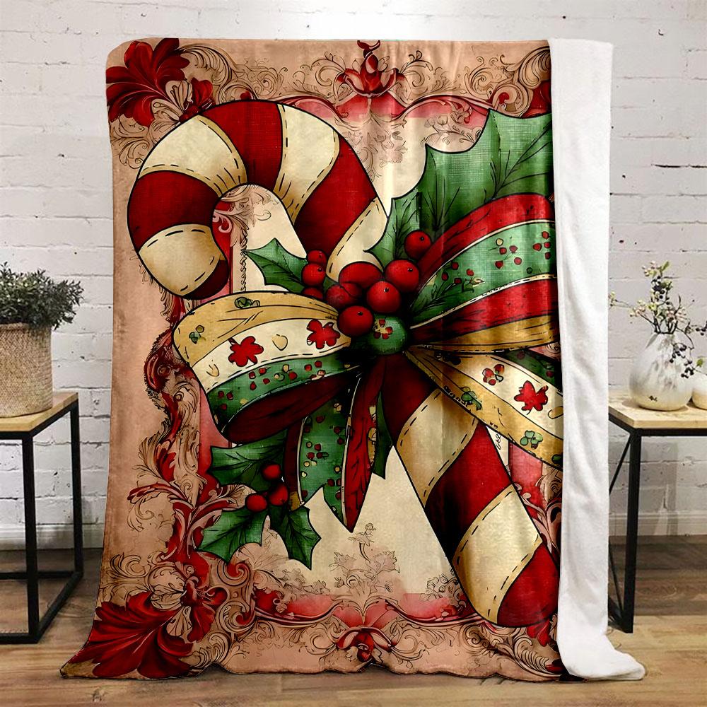Candy Cane with Holly and Festive Ribbon Patterned flannel blanket perfect for the bedroom living room, sofa, or a little nap