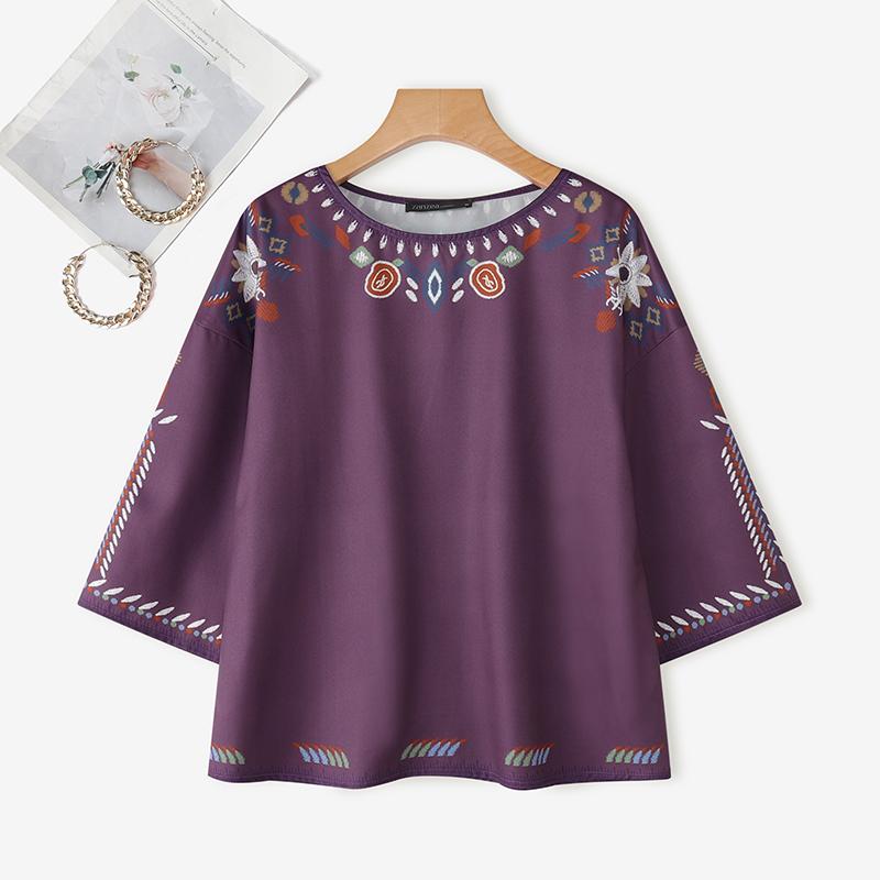 

ZANZEA Женская блузка с круглым вырезом, свободного кроя, с рукавами 3/4 и принтом 2XL фиолетовый