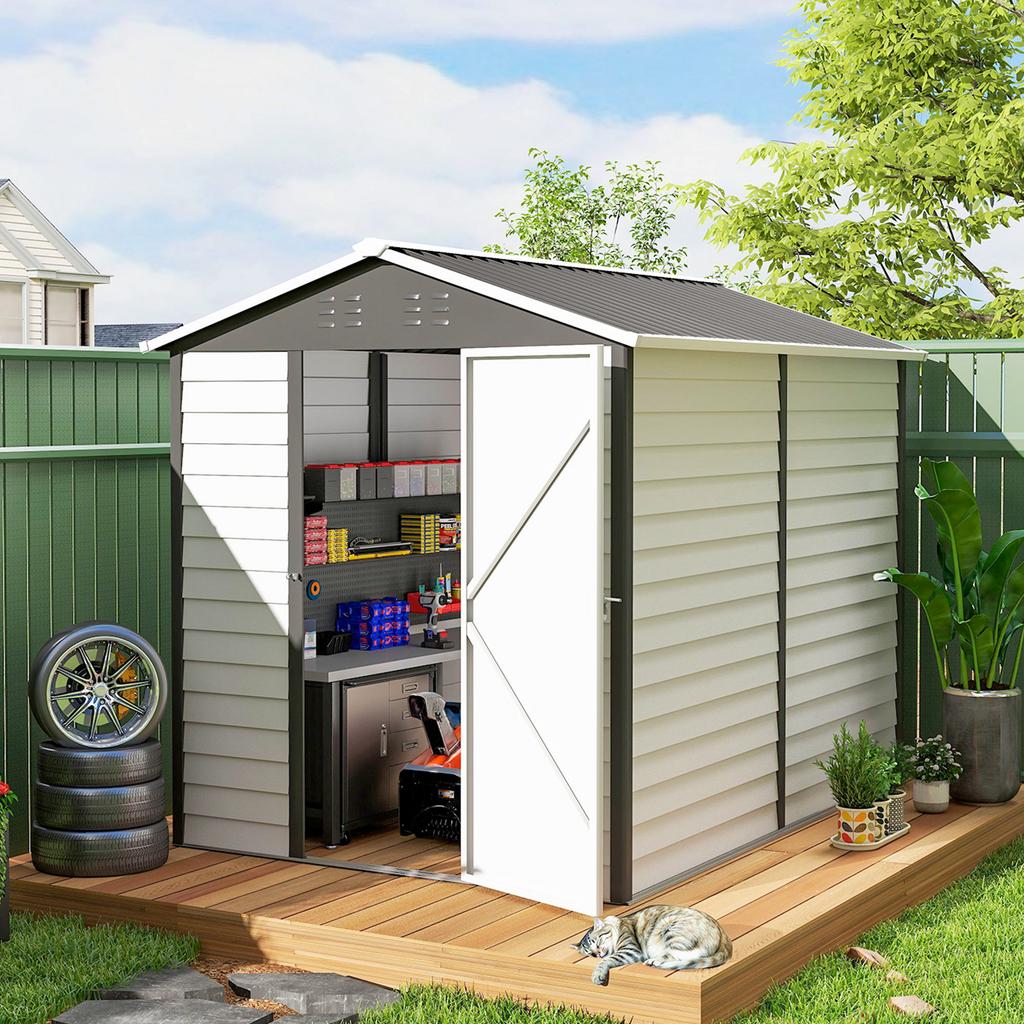 9x 6FT Metal Outdoor Garden Shed, Galvanised Tool Storage Shed W/ Sloped Roof, Lockable Door for Patio Lawn, Dark Grey