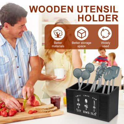 Utensil Holder Wooden Kitchen Utensil Storage Box with 3 Compartment and Drainage Holes Desktop Knife Fork Chopsticks Organizer
