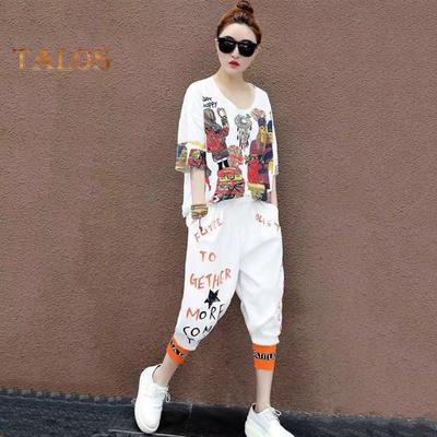 2 Pcs/Set Women T-shirt Trousers Set Hip Hop Style Print V Neck Half Sleeve Top Ankle-banded Cropped Pants Streetwear Clothes Travel Daily Outfit