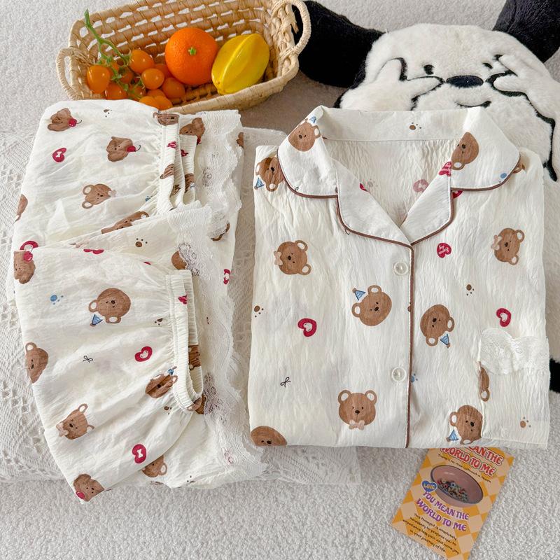 Cartoon Japanese Bear High Value Cute Cloud Cotton Lace Edge Pajamas Women'S Summer Short Sleeve Three-Piece Set