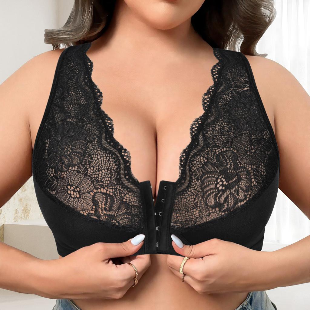 Large Size Bra Front Buckle No Wire Lace Breathable Comfortable Underwear Camisole Bra