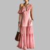 Women Sleeveless One Shoulder Dress Ruffle Trim Maxi Length Layered Hem Summer Casual Dress