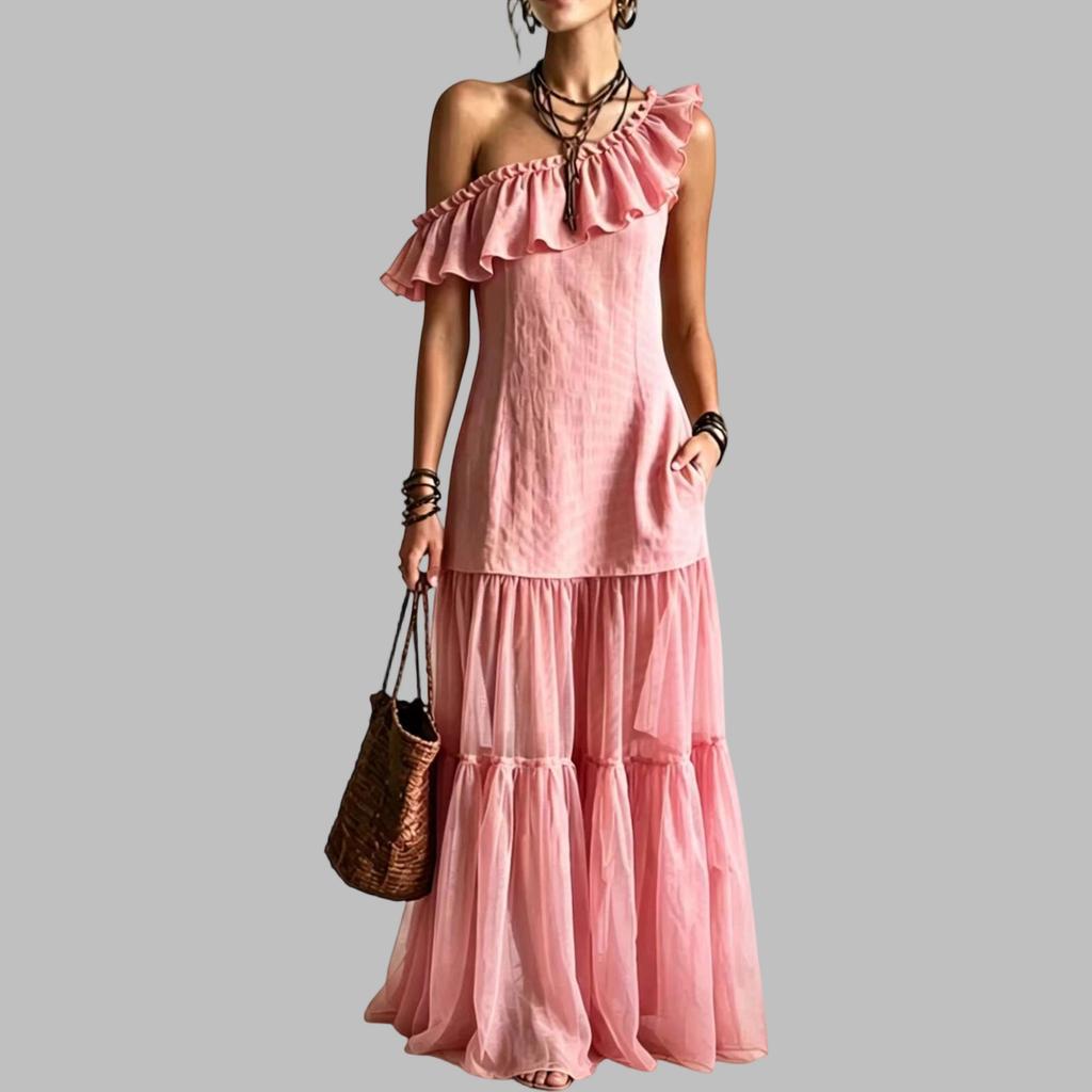 Women Sleeveless One Shoulder Dress Ruffle Trim Maxi Length Layered Hem Summer Casual Dress
