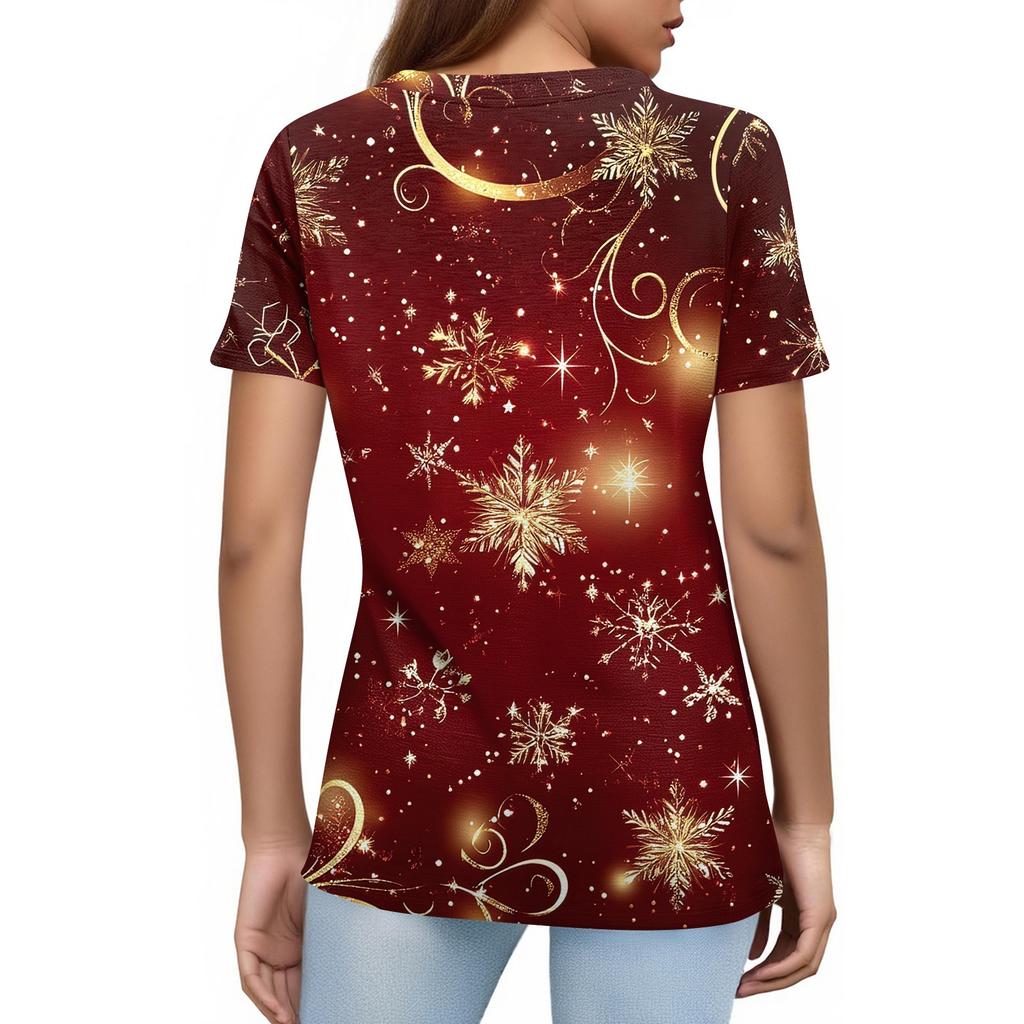 Women's Fashionable Casual Short Sleeve Christmas Print Round Neck Pullover Top