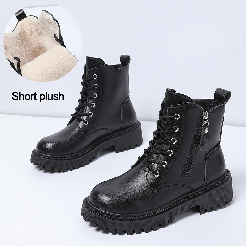 White Black PU Leather Ankle Boots Women Autumn Winter Round Toe Lace Up Shoes Woman Fashion Motorcycle Platform Botas Mujer