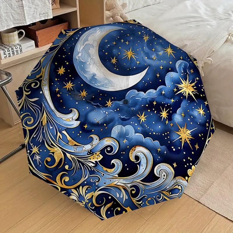 Elegant Celestial Night Sky Auto-Open Close Umbrella with Golden Stars, Clouds & Moon Design - Portable 3-Fold Iron Frame Outdoor Umbrella f