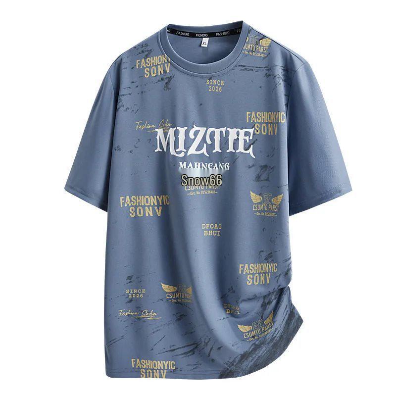 Men s Summer Gradient Print Ice Silk Short-Sleeve T-Shirt 4XL синий