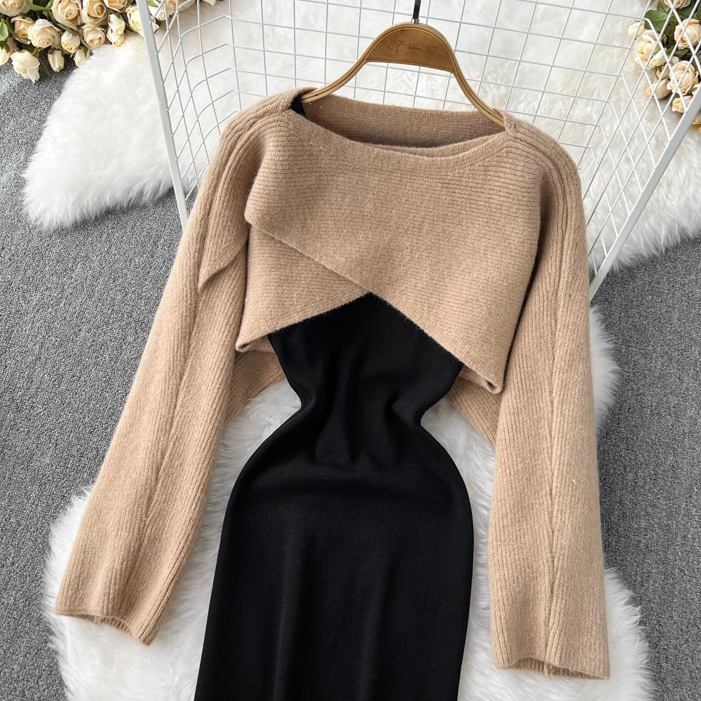 Fashion Suit Skirt Women's Casual Round Neck Half-cut Knitted Blouse Top Two-piece Set Korean Version Temperament Suspender Dress