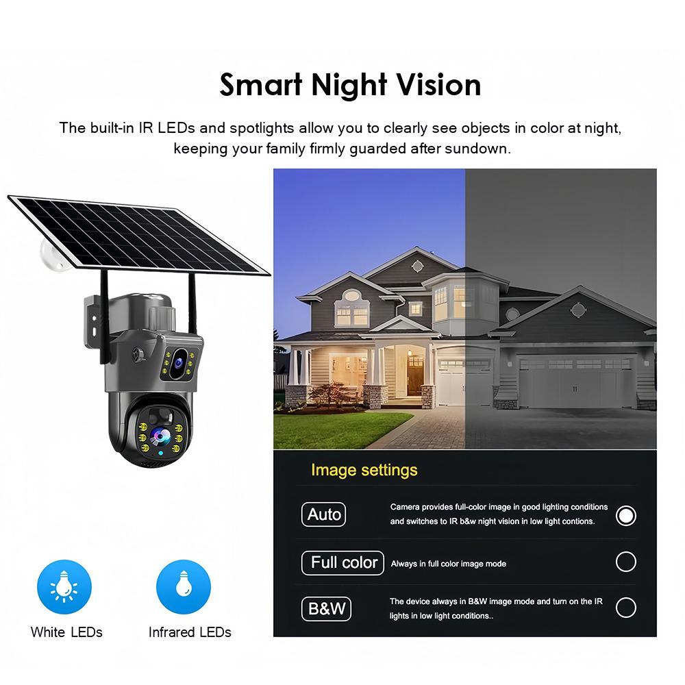 Câmera 4K 8MP WIFI Solar Outdoor Dual Lens PTZ HD AI Auto Tracking Segurança CCTV Bateria embutida Vigilância sem fio