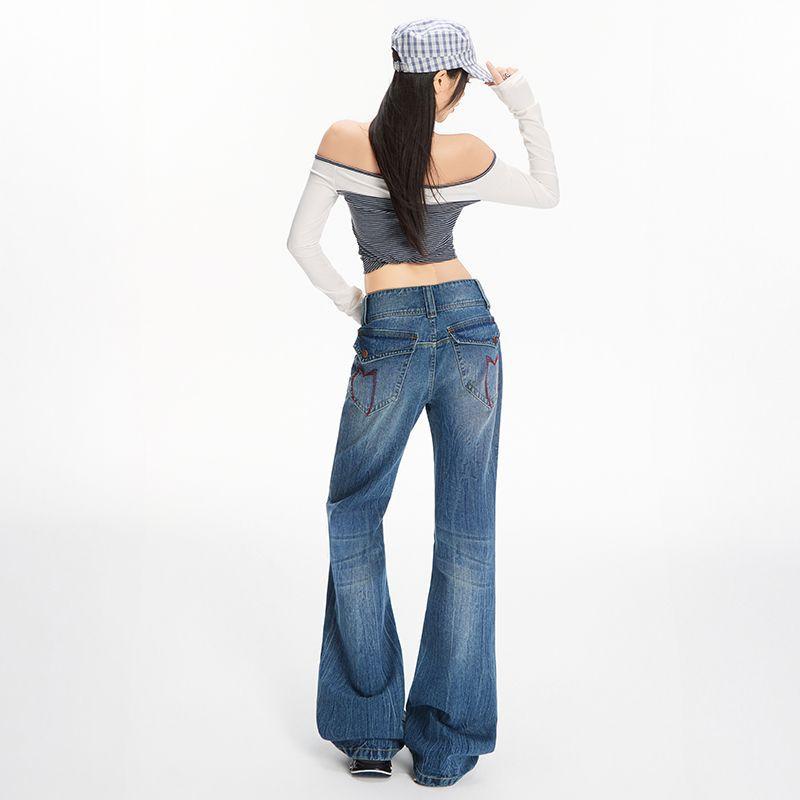 Autumn and winter new American retro dark blue double-button micro-pull jeans women's low-rise thin flared pants