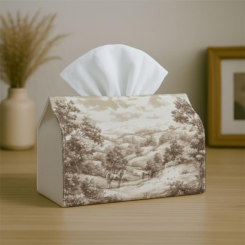 1pc Vintage Pastoral Classic Tissue Holder Featuring a Sepia Countryside Scene - Napkin Storage Organizer Suitable for Kitchen, Car, Elegant Decorativ