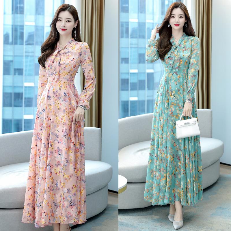 Floral Chiffon Dress Spring and Autumn Temperament Waist Slim Slimming Bow V-neck Jacquard Elegant Long Skirt
