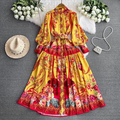 Spring Autumn Women Vintage Palace Print Runway Dresses Lantern Sleeve Stand Collar Single Breasted Oversized Loose Party Robe