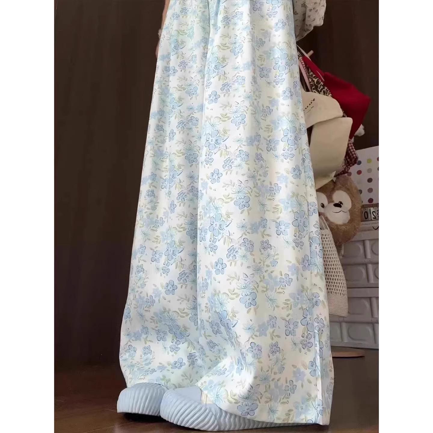 

Women s Blue Floral High-Waist Slimming Wide-Leg Pants - Spring 2026 Collection, Petite Ice Silk Yamamoto Style M синий